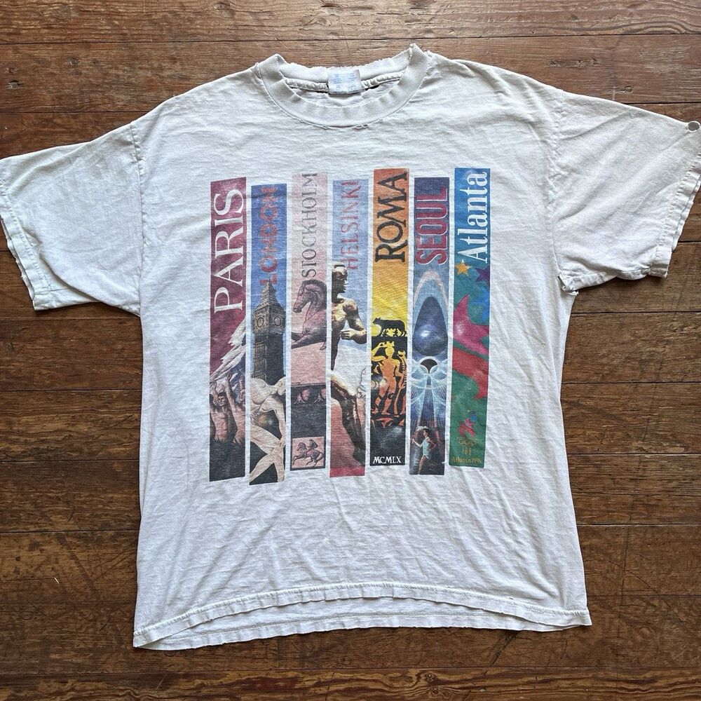 Vintage 90s Champion Atlanta 1996 Olympics Host Cities T-Shirt Mens L Distressed